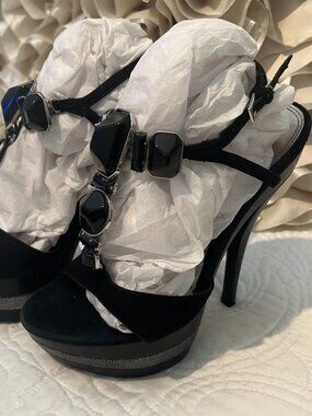 STEVE MADDEN Black, Jeweled Strappy Platforms